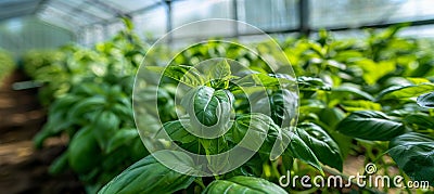 Vibrant basil plants thriving in greenhouse with fragrant, lush leaves perfect for picking Stock Photo