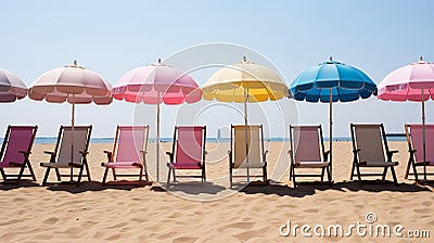 Vibrant beach boardwalk with colorful huts and sun umbrellas, perfect for summer apparel promotion Stock Photo
