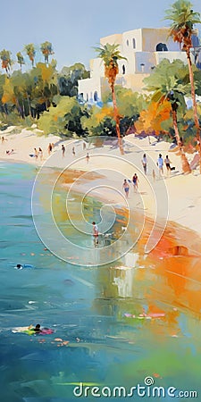 Vibrant Beach Oasis Painting With Play Of Light And Reflections Stock Photo