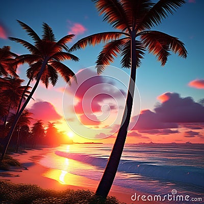 vibrant beach sunset with palm trees trending on art station sharp focus studio photo intricate Stock Photo