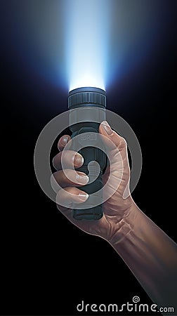 Glowing contrast Black flashlight in hands casts a radiant white beam Stock Photo