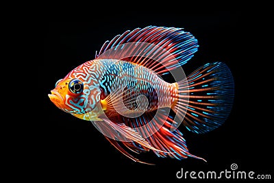 Vibrant beauty of a Cichlid which is renowned for its striking coloration and dynamic fin structure on black background. isolated Stock Photo