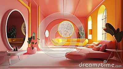 Vibrant Bionic Design: Coral Pink, Bright Yellow, and Shiny White Interiors Stock Photo