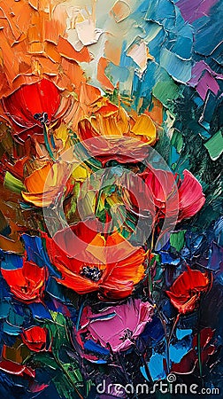 Vibrant Blooms: A Colorful Impressionistic Portrait of Red and B Stock Photo