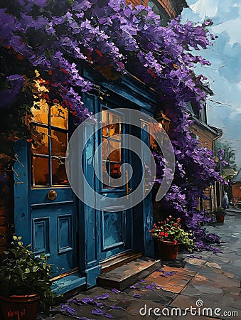 Vibrant Blooms and Cozy Charm: Exploring the Colorful Alley Pub Stock Photo