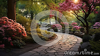 Vibrant Blooms: A Serene Garden Oasis Stock Photo