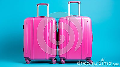 Vibrant blue background with two bright pink suitcases, travel luggage set for vacation Stock Photo