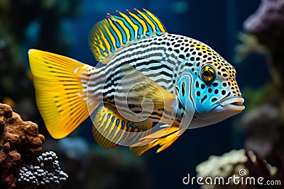 Vibrant blue yellow spotted sea fish among diverse algae and colorful corals in aquarium Stock Photo