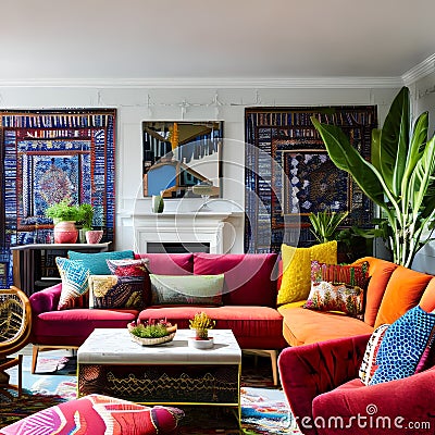 A vibrant, bohemian living room with an array of patterns, textures, and globally-inspired decor4, Generative AI Stock Photo