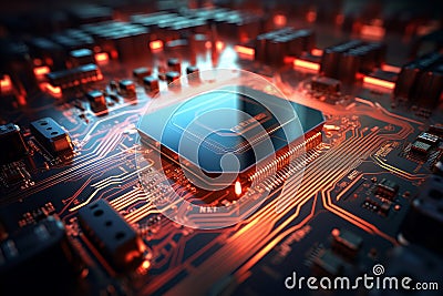 Vibrant bokeh background with shimmering digital circuit patterns in a dynamic technological theme Stock Photo