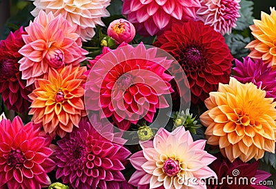 A vibrant bouquet of dahlia flowers in various shades Stock Photo