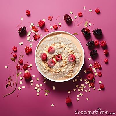 Vibrant Breakfast Oats With Berries On Pink Background Stock Photo