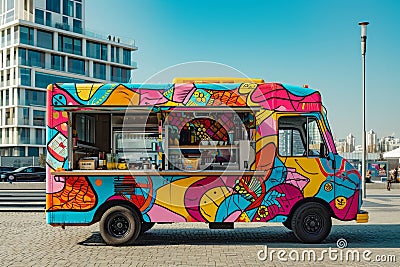 A vibrant, brightly colored food truck parked in a busy parking lot, ready to serve customers with delicious meals and snacks, Stock Photo