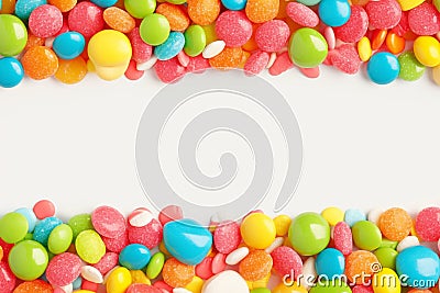 Vibrant candy frame Close up of rainbow colored dragee on white Stock Photo