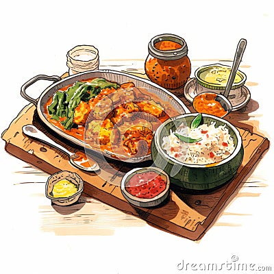 Hand Drawn Indian Chicken Curry Plate Illustration For Sale Stock Photo