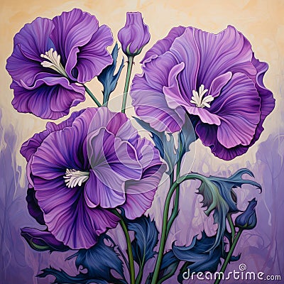 Vibrant Caricatures: A Dramatic Composition Of Purple Flowers Stock Photo