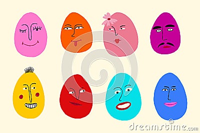 Vibrant cartoon comic Easter Eggs characters. Funky bizarre eggs with faces Vector Illustration