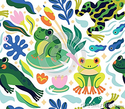 Vibrant cartoon frogs and tadpoles characters are jumping and swimming in the pond, seamless pattern Vector Illustration