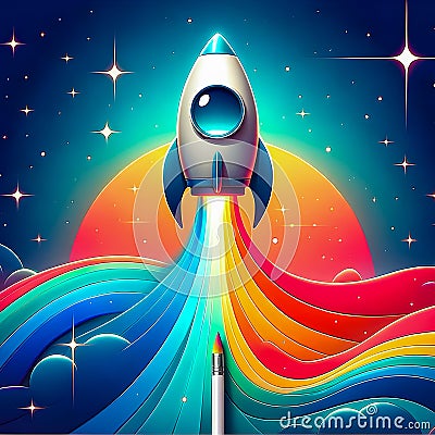 Vibrant cartoon rocket launching , GenerativeAI Stock Photo