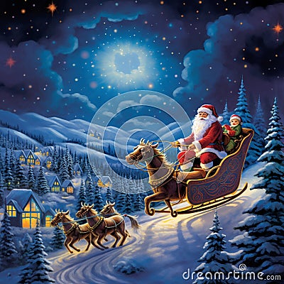 Vibrant and Cartoonish Santa Claus Sleigh Ride Adventure Stock Photo