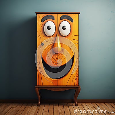 Vibrant Cartoonish Wooden Cabinet With Joyful Cartoon Face Stock Photo