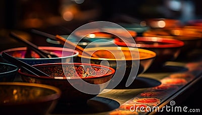 Vibrant ceramic bowls of multiple East Asian cultures generated by AI Stock Photo