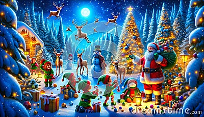 Christmas scene with Santa, elves, reindeer, snowy village backdrop, and decorated pine trees.Generative AI Cartoon Illustration