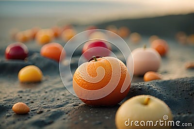 Vibrant Citrus Oasis, Zesty Oranges Created a Sunny Haven on the Serene Sandy Beach Stock Photo