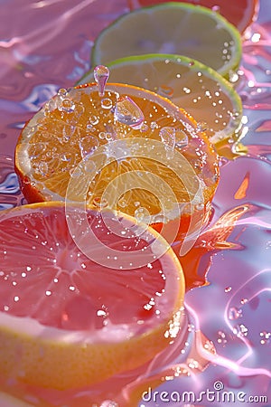 Vibrant Citrus Slices with Refreshing Water Droplets on Colorful Liquid Background Stock Photo