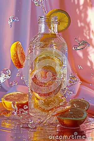 Vibrant Citrus Splash with Fresh Oranges in Transparent Bottle on Pink Background Stock Photo