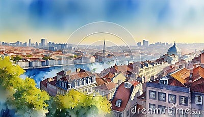 A vibrant cityscape with diverse architecture and a calm river, under a clear sky Stock Photo