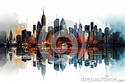 Vibrant cityscape mirrored in waters reflection, October 31st enchantment Stock Photo