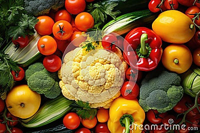 Vibrant Close-Up Composition of Fresh Tomatoes, Carrots, Broccoli, and Peppers Stock Photo