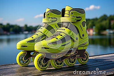 Vibrant close up of rollerblades inline skates on a sunlit road during a beautiful summer day Stock Photo