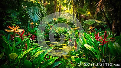 A vibrant close-up view of a lush oasis flourishing with greenery and diverse wildlife Stock Photo