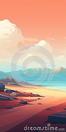 Vibrant Coastal Illustration With Soft Gradients And Mountainous Vistas Stock Photo