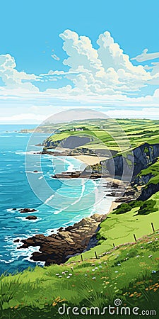 Vibrant Coastal Landscape Illustration In Cornwall: Bude Fjord Cartoon Illustration