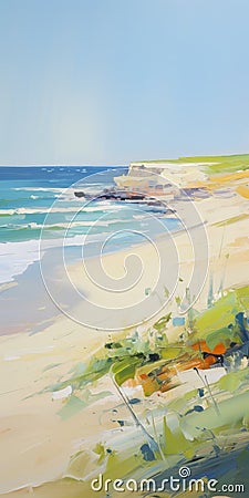 Vibrant Coastal Landscape Painting: Ocean, Beach, And Dune Stock Photo