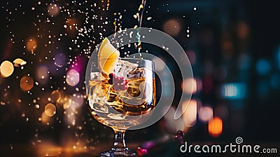 a vibrant cocktail in a glass with a lemon wedge and berries, creating a splash against a bokeh background Stock Photo