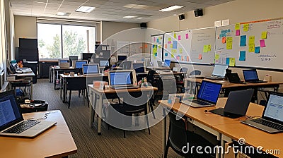 A vibrant coding bootcamp setup with laptops, whiteboards, and sticky Stock Photo