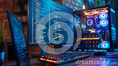 Vibrant coding workspace with multiple computer screens displaying code Stock Photo
