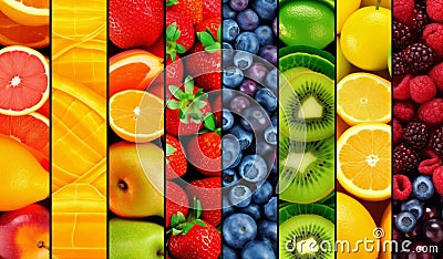 Wholesome Medley: Collage of Fresh Fruits and Berries - A Tapestry of Nature's Delights Stock Photo