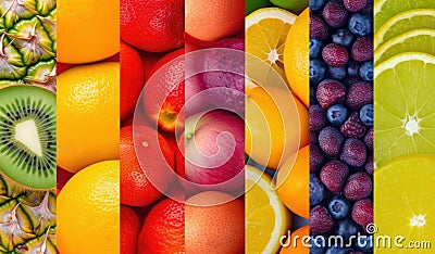 Wholesome Medley: Collage of Fresh Fruits and Berries - A Tapestry of Nature's Delights Stock Photo