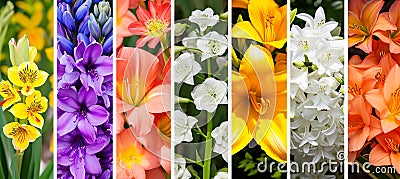 Vibrant collage of flowers with dividing white vertical lines a bright and stylish composition Stock Photo