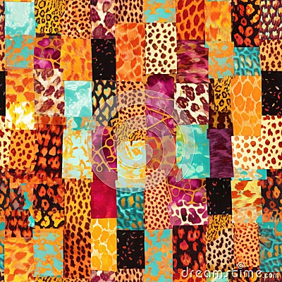 A vibrant collage of quilt-inspired patches with a mix of leopard prints, creating a lively and colorful pattern Stock Photo