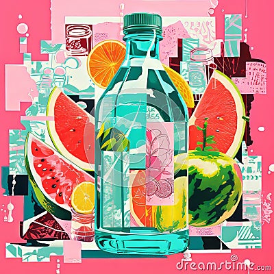 Colorful Pop Art Collage: Fruity Bottle With Water And Citrus Cartoon Illustration