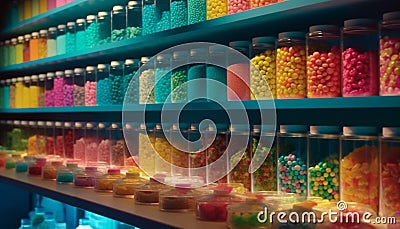 A vibrant collection of candy jars in a retail store generated by AI Stock Photo