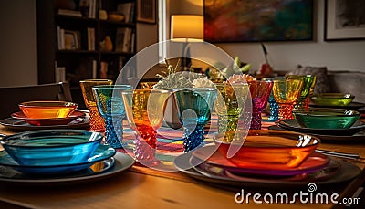 A vibrant collection of crockery decorates the modern dining table generated by AI Stock Photo