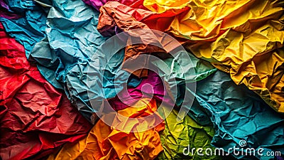 A vibrant collection of crumpled papers in a multitude of colors creating a striking abstract texture. Generative AI Stock Photo