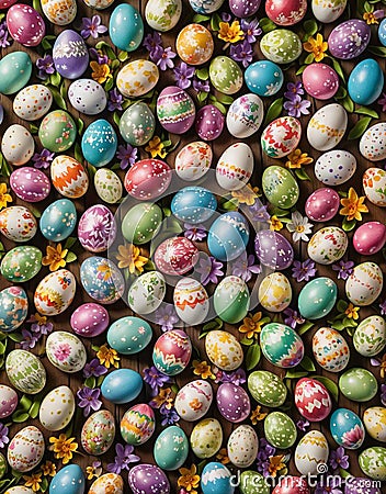 A vibrant collection of decorated Easter eggs, artistically arranged Stock Photo